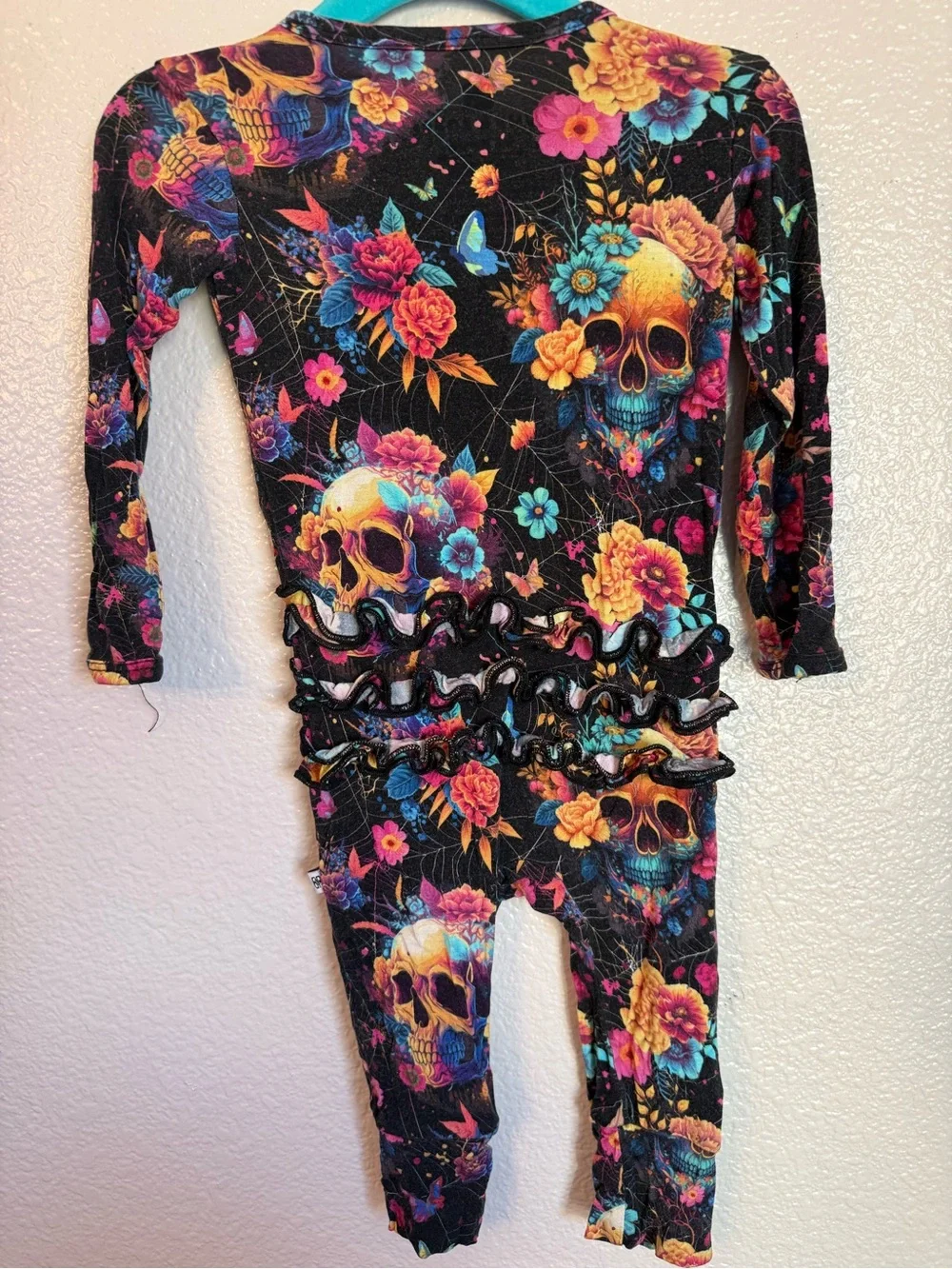 Kids Black Floral Skull Footie One-Piece